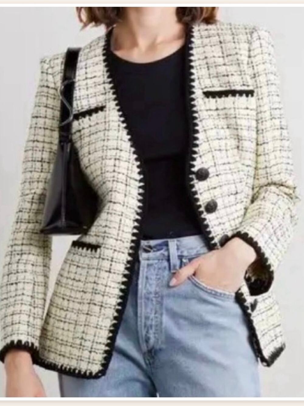 Veronica Beard Plaid Black White Cream Albia Tweed Blazer 0 Lady Jacket